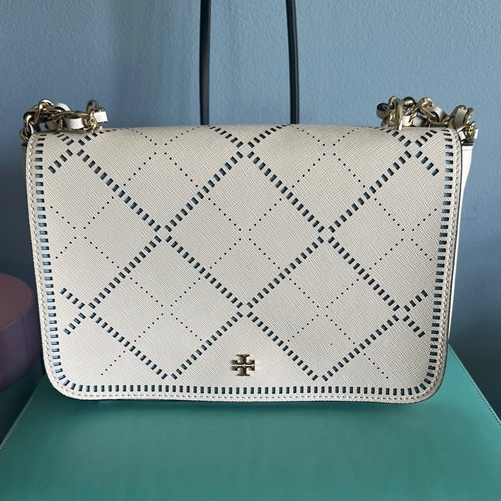 Tory Burch White and Blue Quilted Shoulder Bag